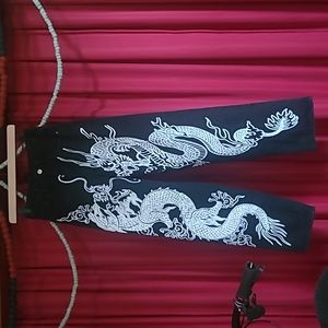 Chinese dragon pattern black jeans, size xs